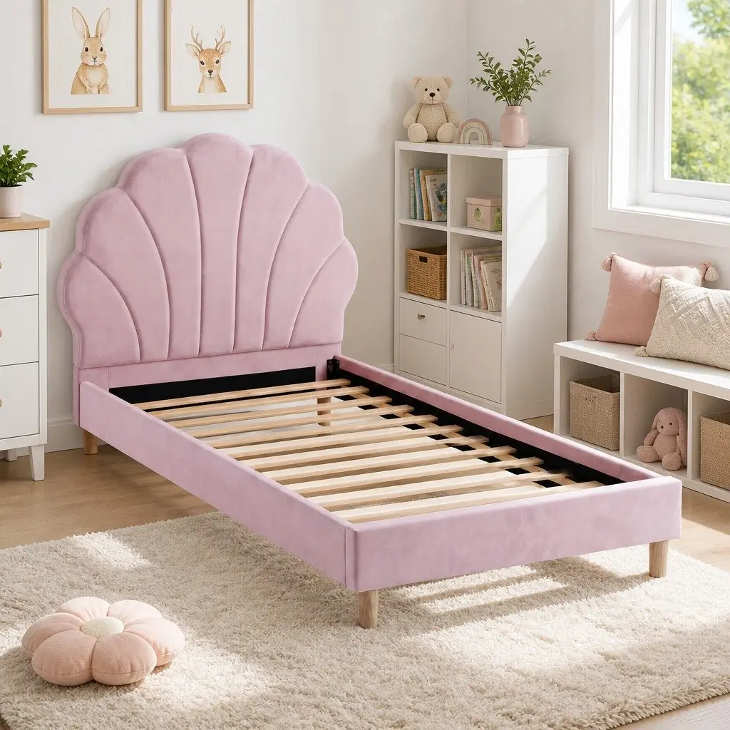 Single Bed Frame Scallop Upholstered Headboard Pink Platform Base 180kg Capacity