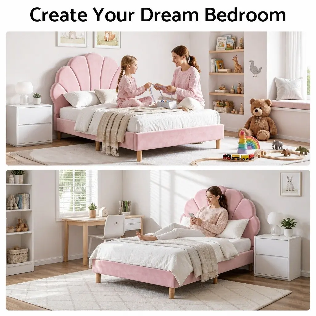 Single Bed Frame Scallop Upholstered Headboard Pink Platform Base 180kg Capacity
