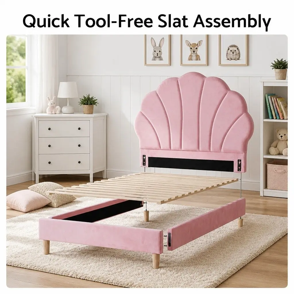 Single Bed Frame Scallop Upholstered Headboard Pink Platform Base 180kg Capacity