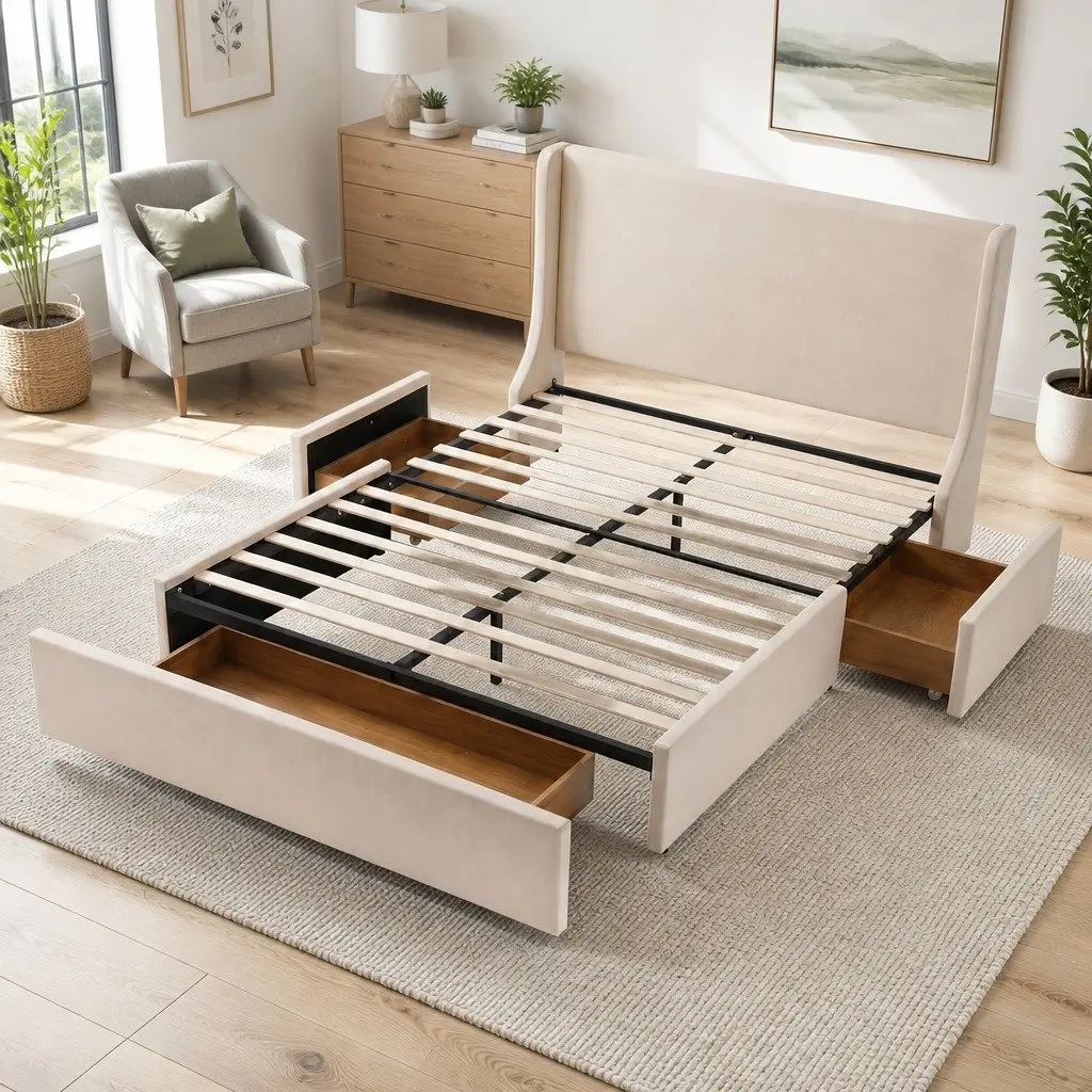 Double Upholstered Bed Frame for Bedroom with 3 Storage Drawers Wingback Headboard 149W x 204L x 111H cm