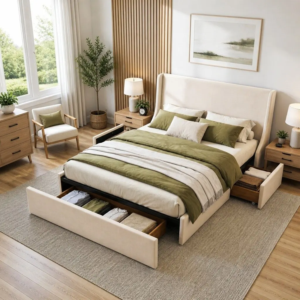 Double Upholstered Bed Frame for Bedroom with 3 Storage Drawers Wingback Headboard 149W x 204L x 111H cm