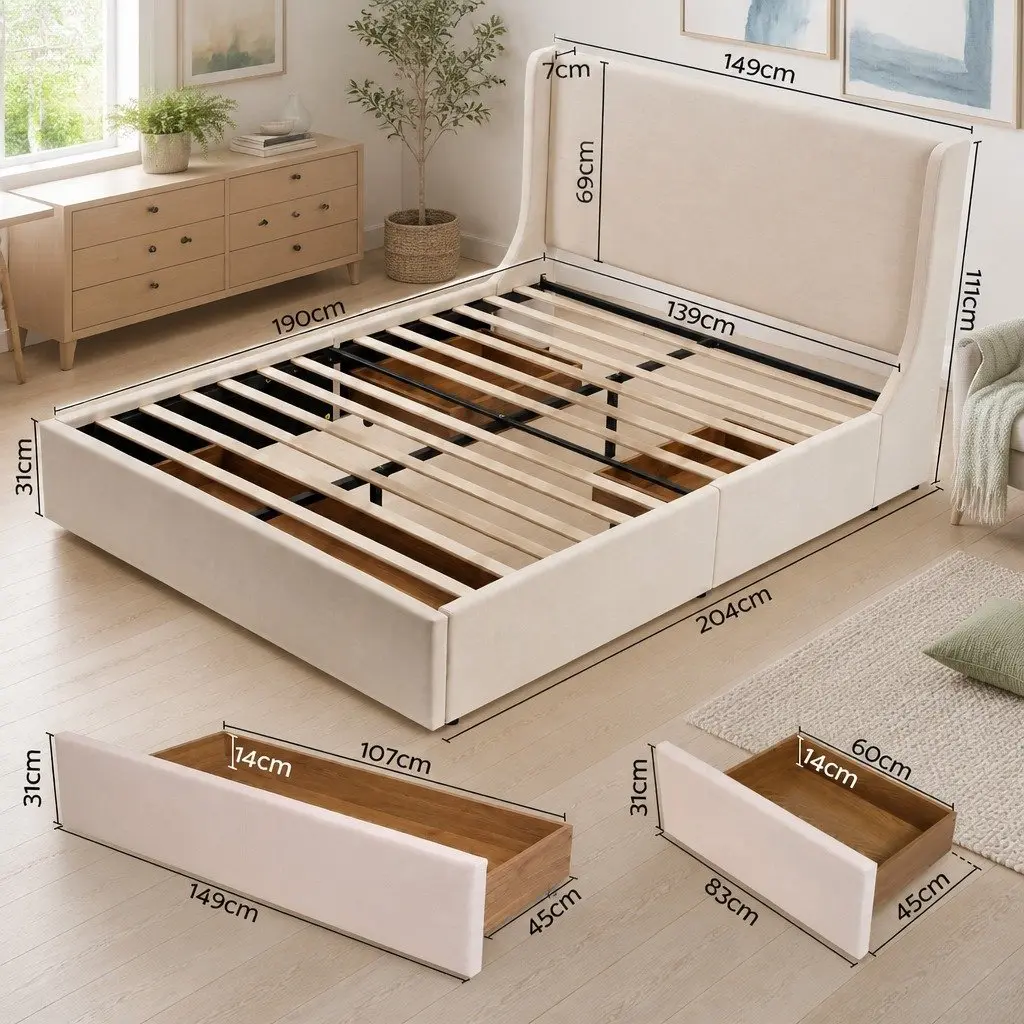 Double Upholstered Bed Frame for Bedroom with 3 Storage Drawers Wingback Headboard 149W x 204L x 111H cm