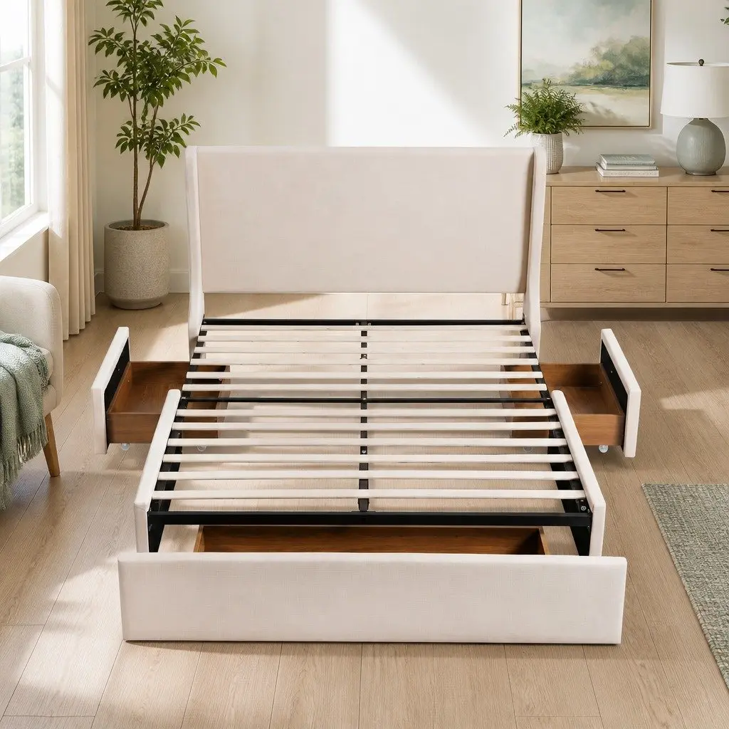 Double Upholstered Bed Frame for Bedroom with 3 Storage Drawers Wingback Headboard 149W x 204L x 111H cm