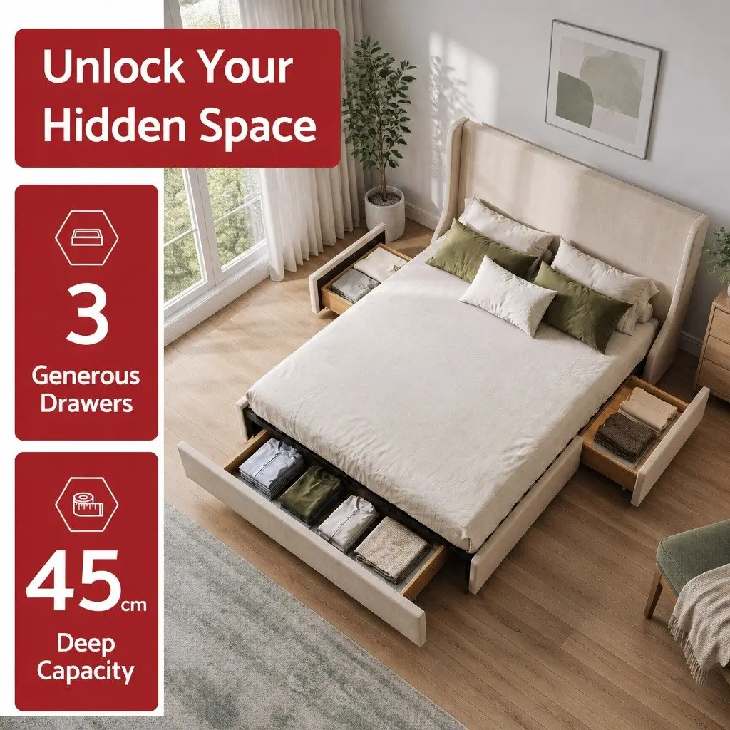 Double Upholstered Bed Frame for Bedroom with 3 Storage Drawers Wingback Headboard 149W x 204L x 111H cm