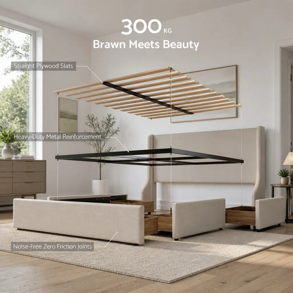 Double Upholstered Bed Frame for Bedroom with 3 Storage Drawers Wingback Headboard 149W x 204L x 111H cm