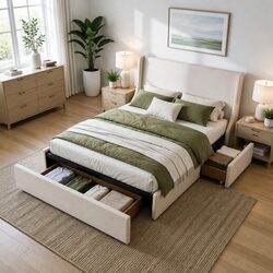 King Upholstered Bed Frame with 3 Storage Drawers Wingback Headboard Metal