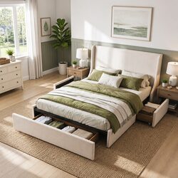 Queen Upholstered Bed Frame with 3 Storage Drawers Wingback Headboard Metal