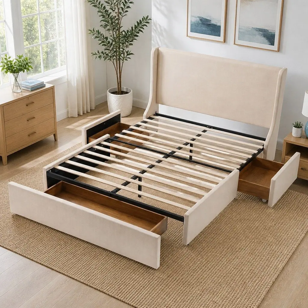 Queen Upholstered Bed Frame for Bedroom with 3 Storage Drawers Wingback Headboard Metal Construction
