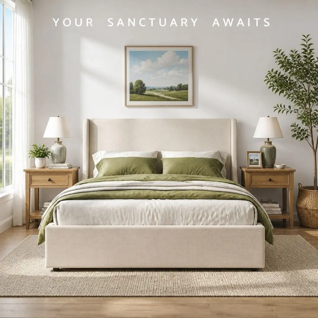 Queen Upholstered Bed Frame for Bedroom with 3 Storage Drawers Wingback Headboard Metal Construction