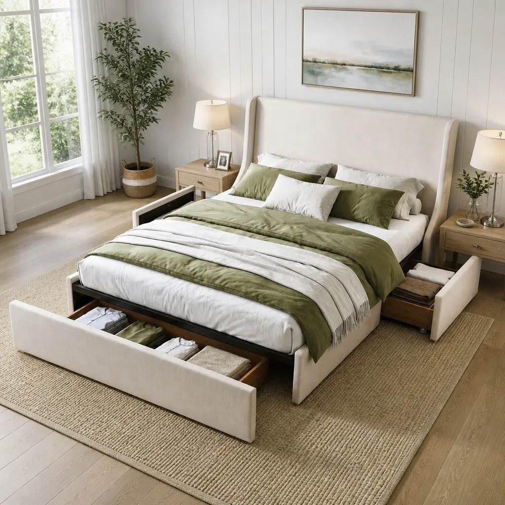 Queen Upholstered Bed Frame for Bedroom with 3 Storage Drawers Wingback Headboard Metal Construction