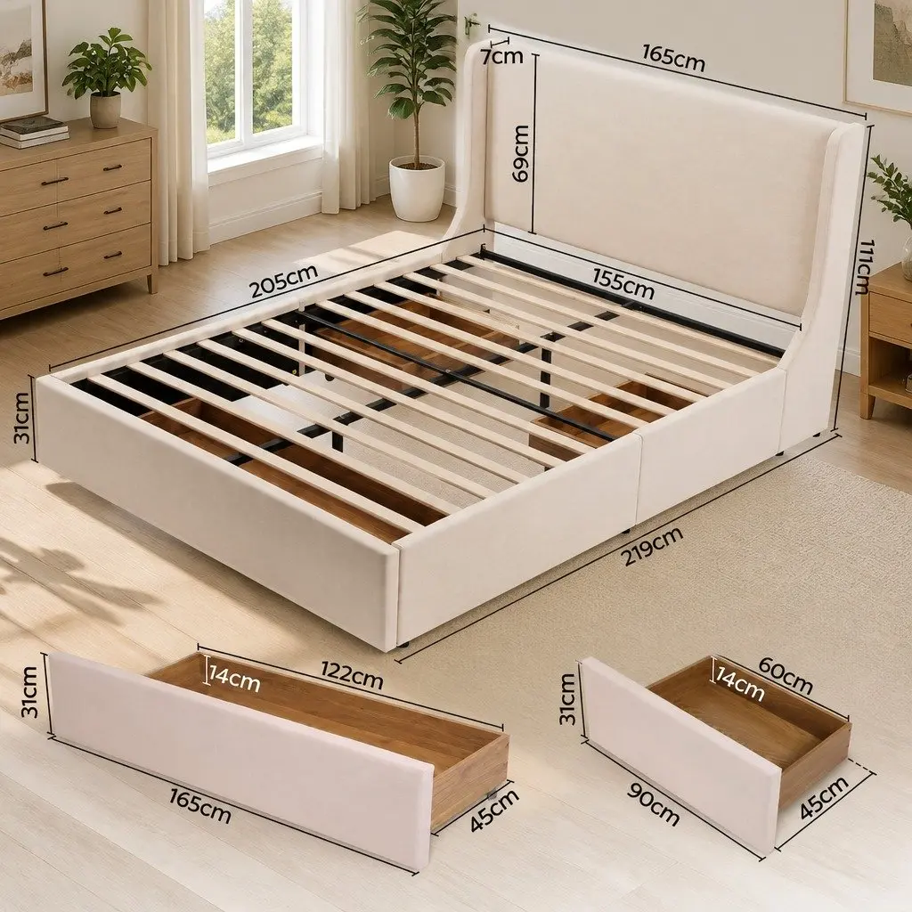 Queen Upholstered Bed Frame for Bedroom with 3 Storage Drawers Wingback Headboard Metal Construction