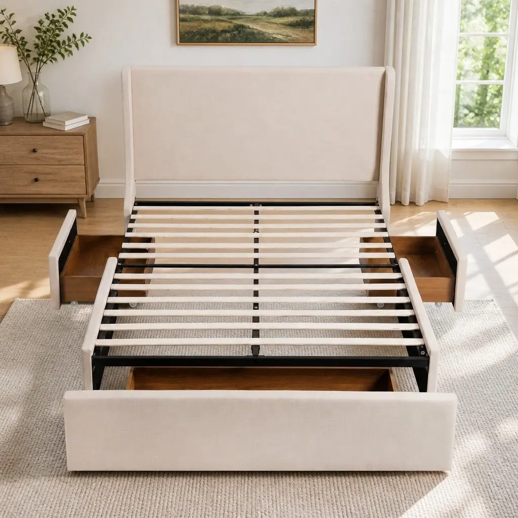 Queen Upholstered Bed Frame for Bedroom with 3 Storage Drawers Wingback Headboard Metal Construction