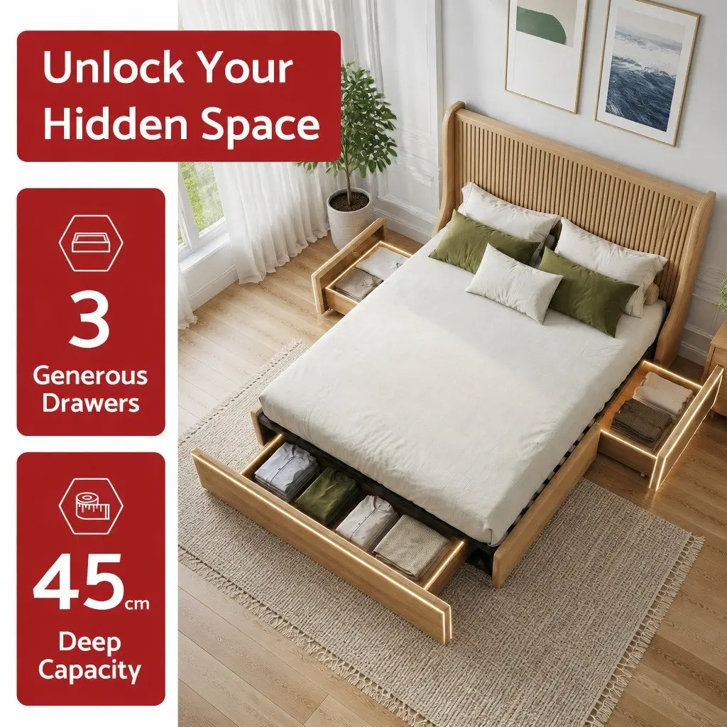 Queen Upholstered Bed Frame for Bedroom with 3 Storage Drawers Wingback Headboard Metal Construction