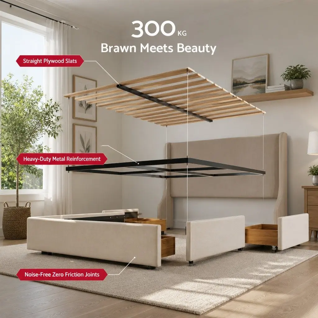 Queen Upholstered Bed Frame for Bedroom with 3 Storage Drawers Wingback Headboard Metal Construction