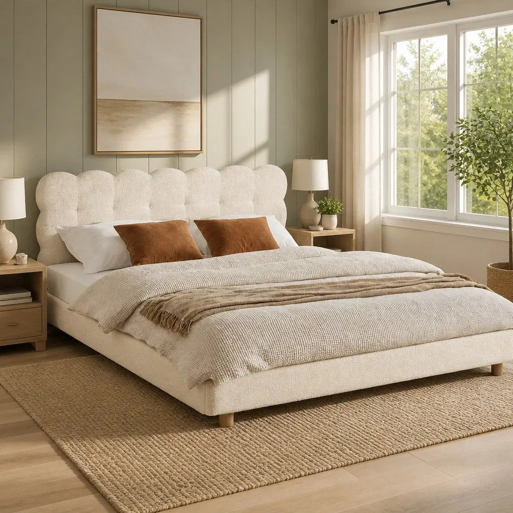 Double Bed Frame Cloud Headboard Boucle Upholstery Platform Base White