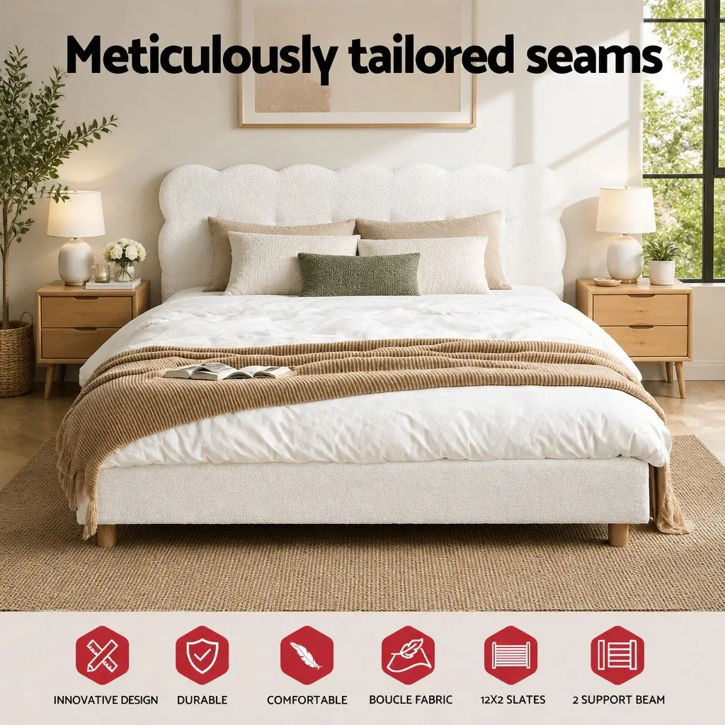 Double Bed Frame Cloud Headboard Boucle Upholstery Platform Base White