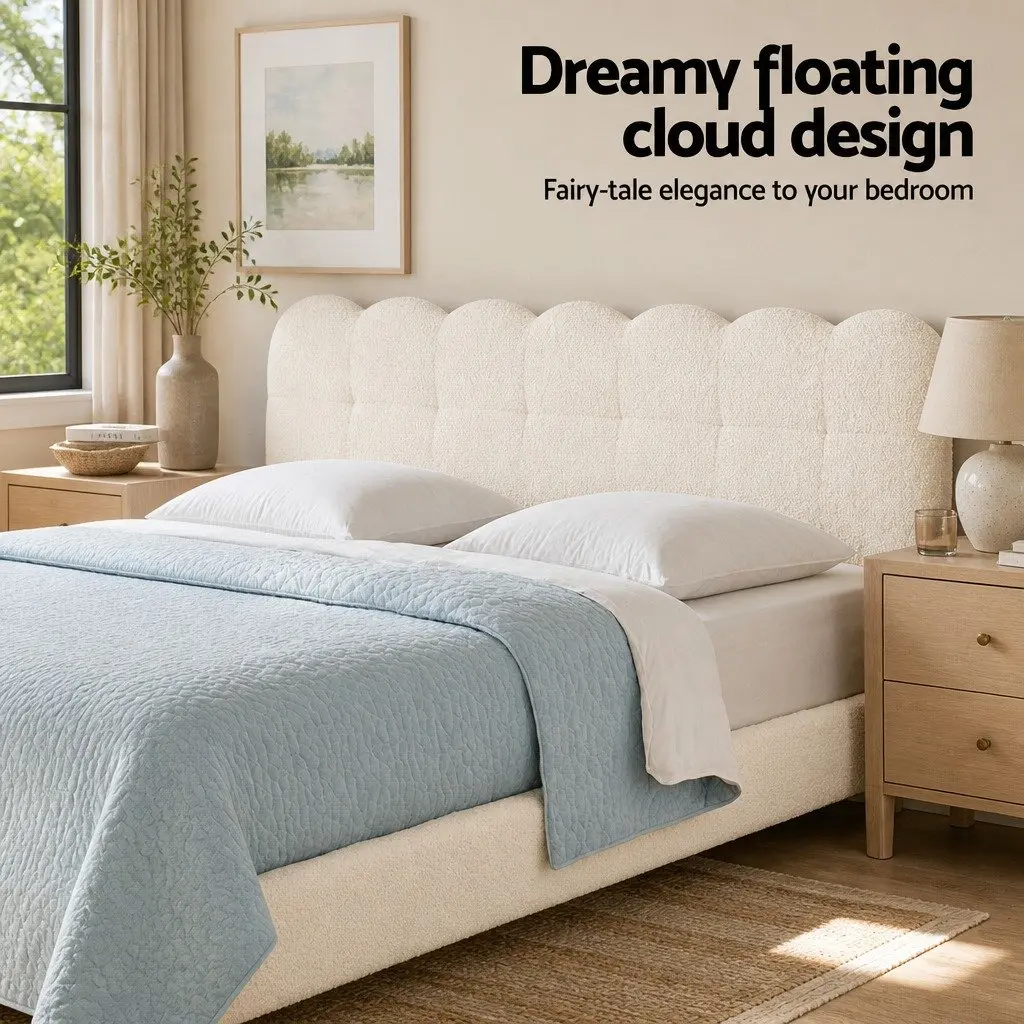 Double Bed Frame Cloud Headboard Boucle Upholstery Platform Base White