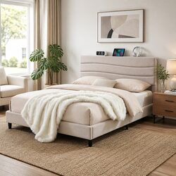 Queen Bed Frame with Adjustable Headboard and Charging Ports