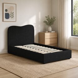 King Single Bed Frame Boucle Upholstered Padded Headboard Wooden Slat Support