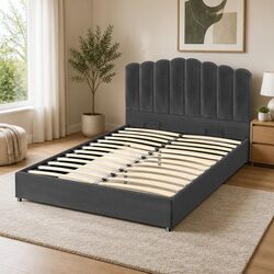 Double Bed Frame Specifications: Grey Velvet Storage Design