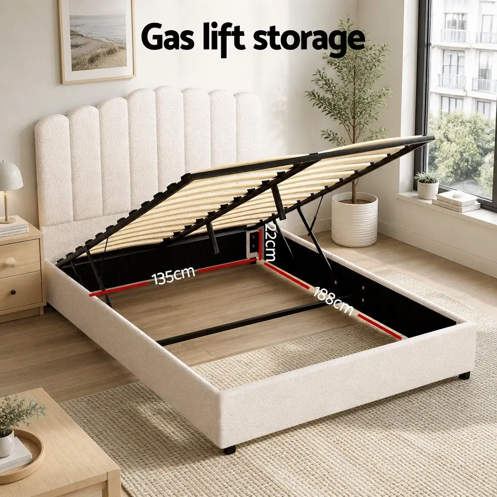 Double Bed Frame Upholstered Boucle Storage Gas Lift Padded Headboard Wooden