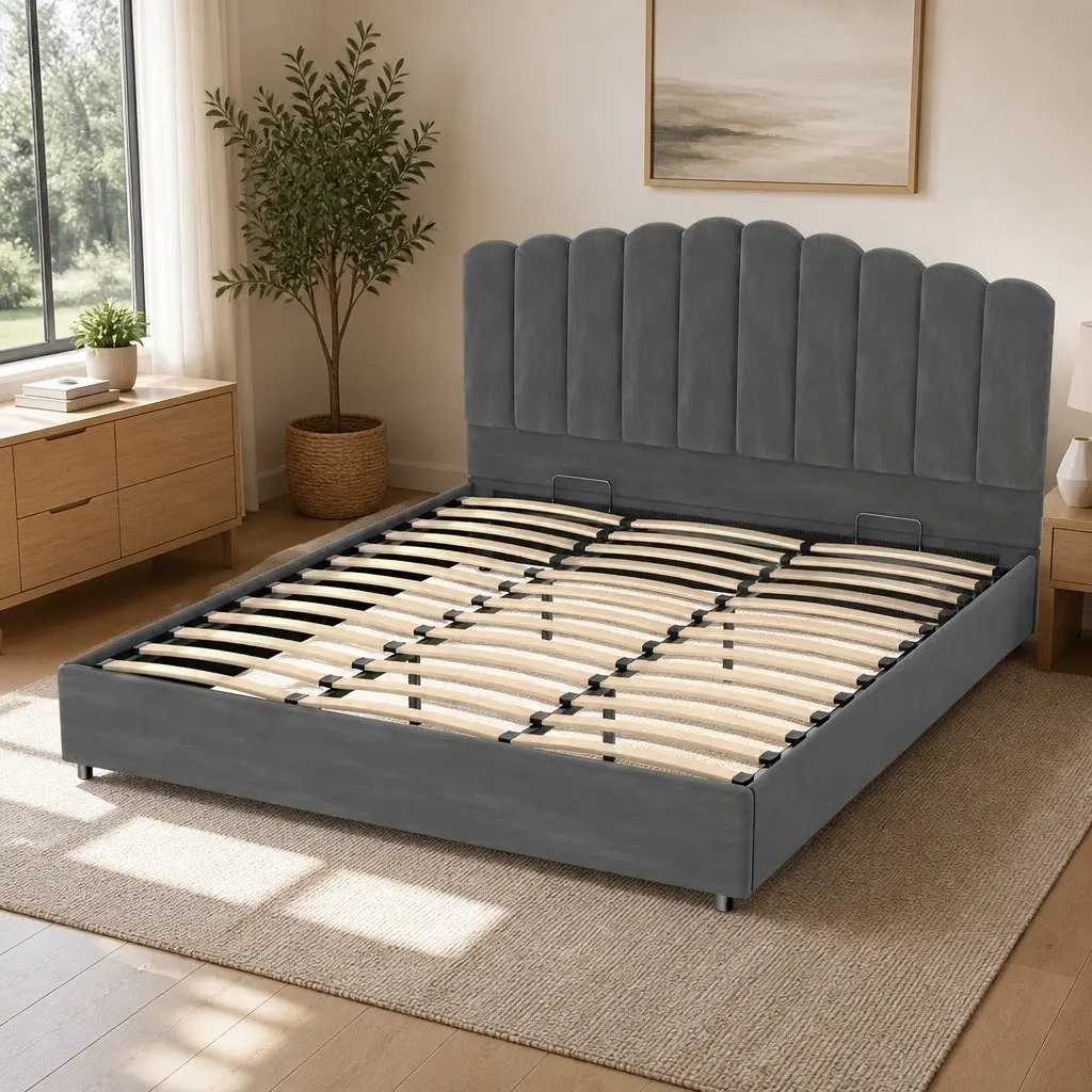 Grey Upholstered King Size Bed Frame with Gas Lift Storage and Padded Headboard