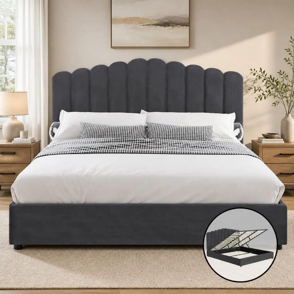 Grey Upholstered King Size Bed Frame with Gas Lift Storage and Padded Headboard