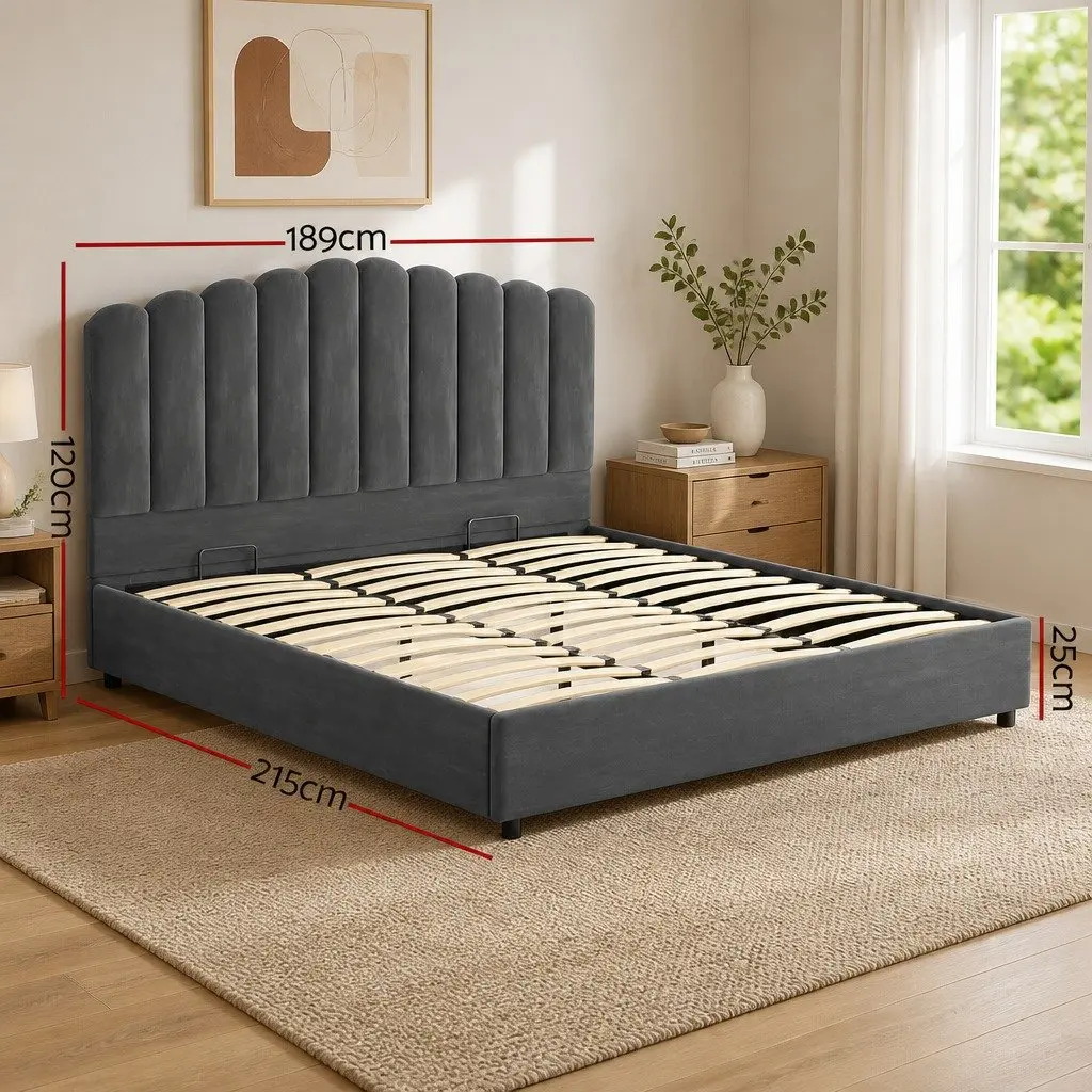 Grey Upholstered King Size Bed Frame with Gas Lift Storage and Padded Headboard