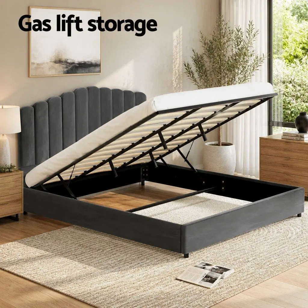 Grey Upholstered King Size Bed Frame with Gas Lift Storage and Padded Headboard