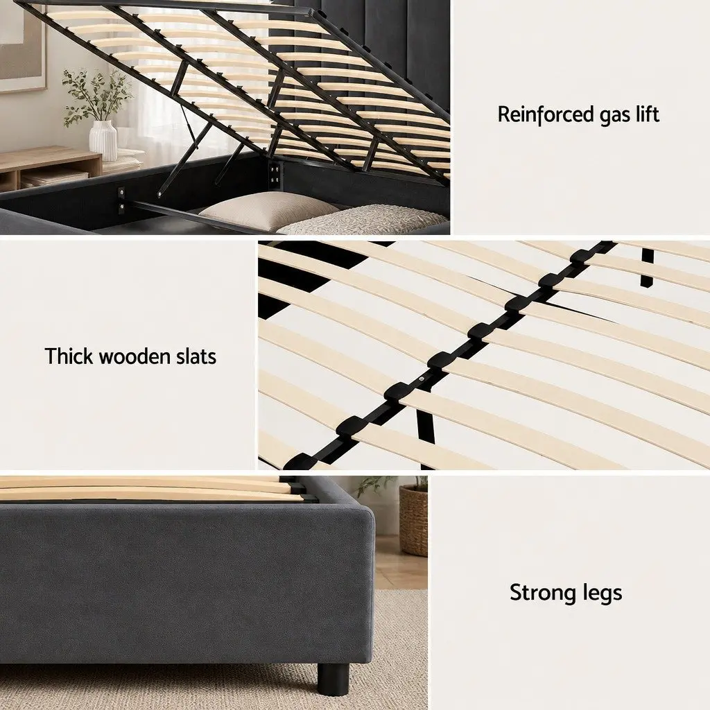Grey Upholstered King Size Bed Frame with Gas Lift Storage and Padded Headboard