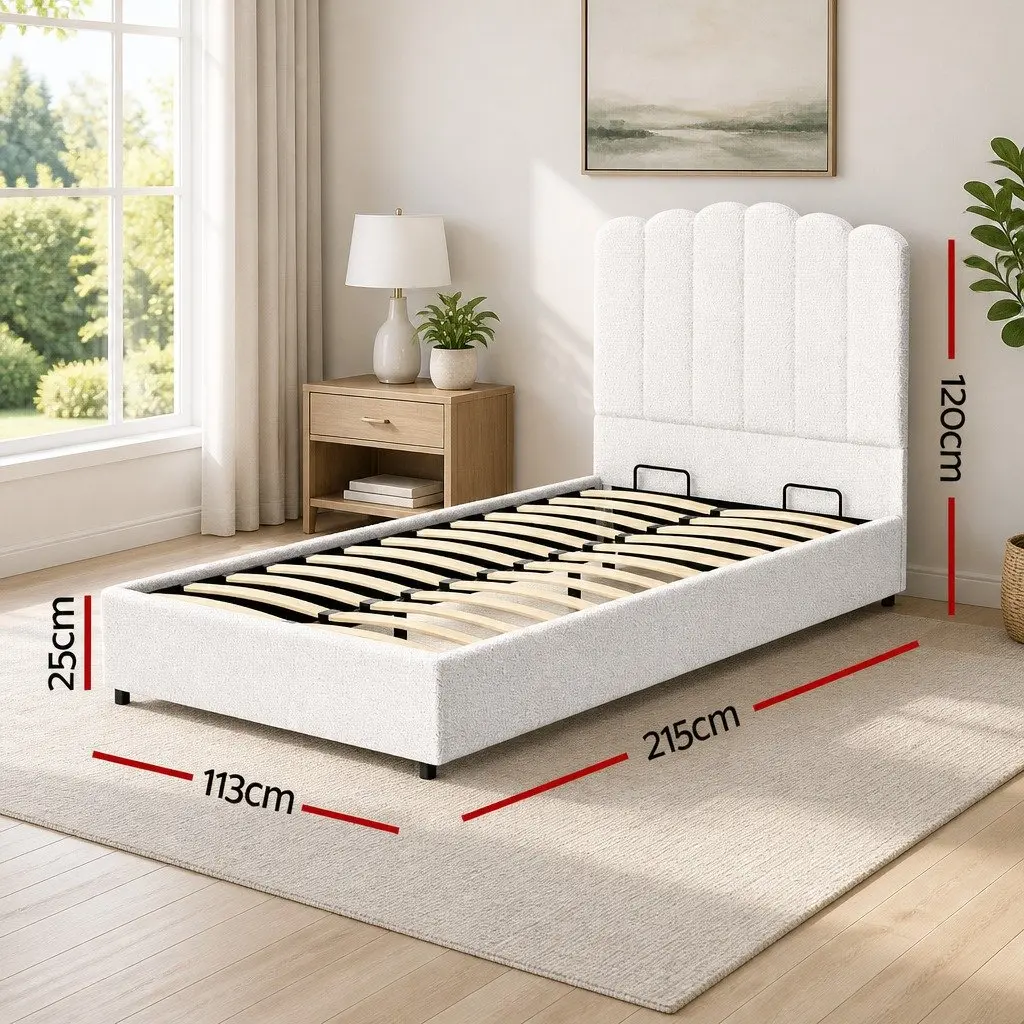 King Single Bed Frame Upholstered Boucle Gas Lift Storage Padded Headboard White