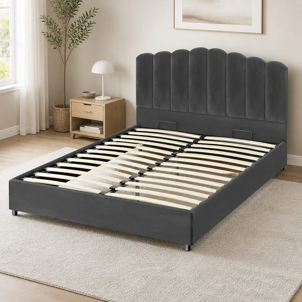 Queen Size Bed Frame for Bedroom with Gas Lift Storage Padded Headboard Grey Velvet