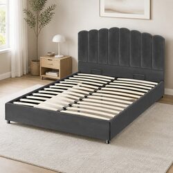 Queen Size Bed Frame - Grey Velvet with Gas Lift Storage