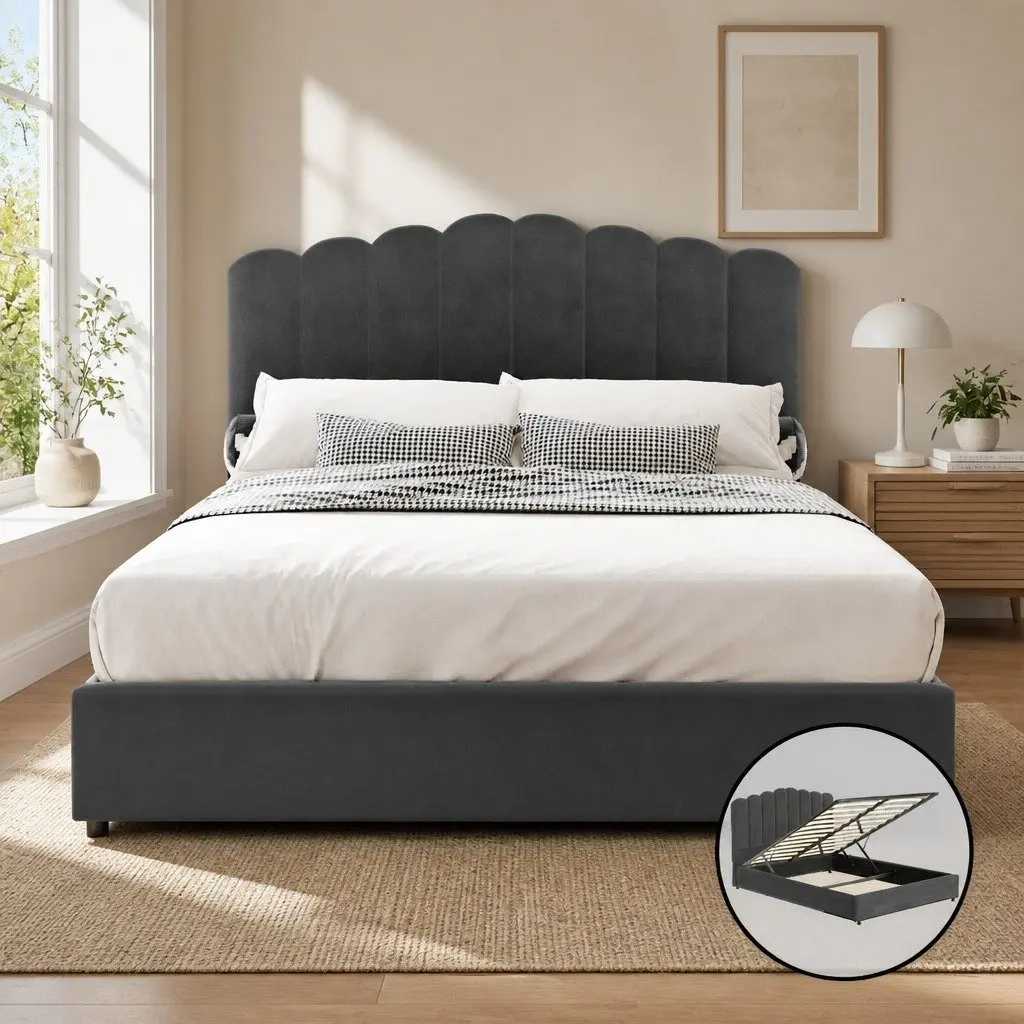 Queen Size Bed Frame for Bedroom with Gas Lift Storage Padded Headboard Grey Velvet
