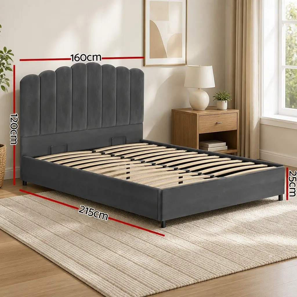 Queen Size Bed Frame for Bedroom with Gas Lift Storage Padded Headboard Grey Velvet