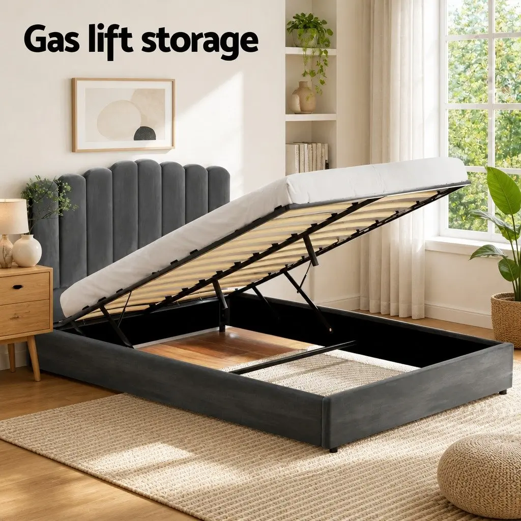 Queen Size Bed Frame for Bedroom with Gas Lift Storage Padded Headboard Grey Velvet