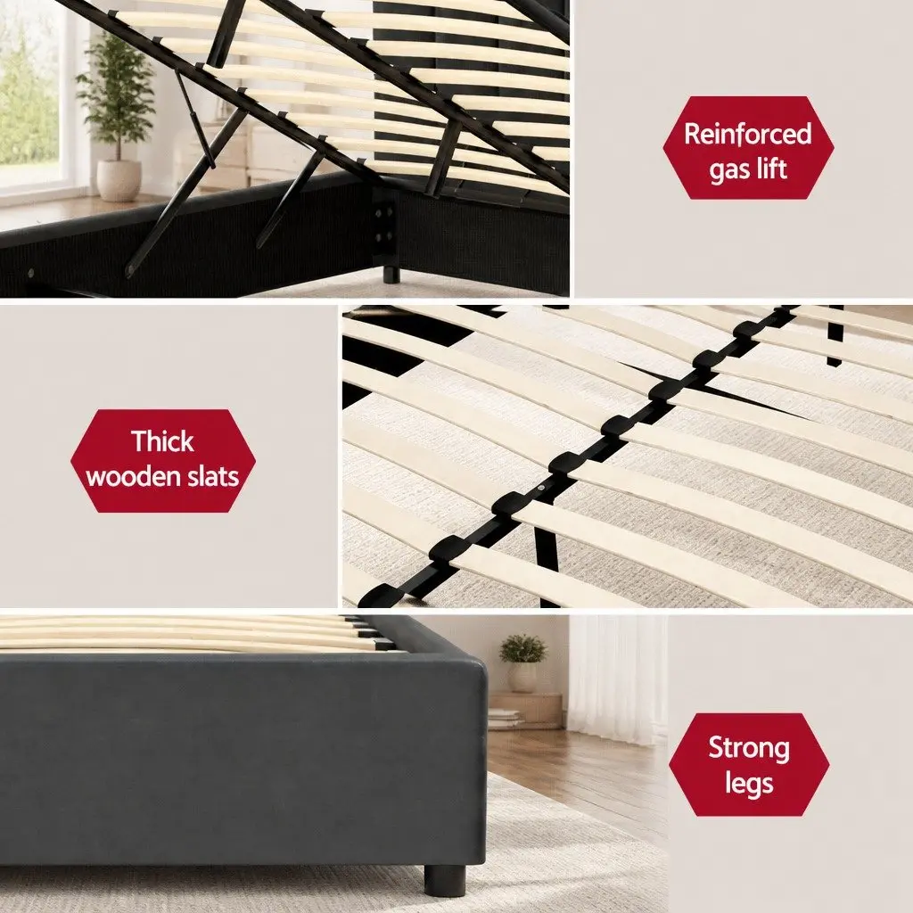Queen Size Bed Frame for Bedroom with Gas Lift Storage Padded Headboard Grey Velvet