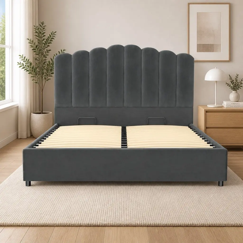 Queen Size Bed Frame for Bedroom with Gas Lift Storage Padded Headboard Grey Velvet