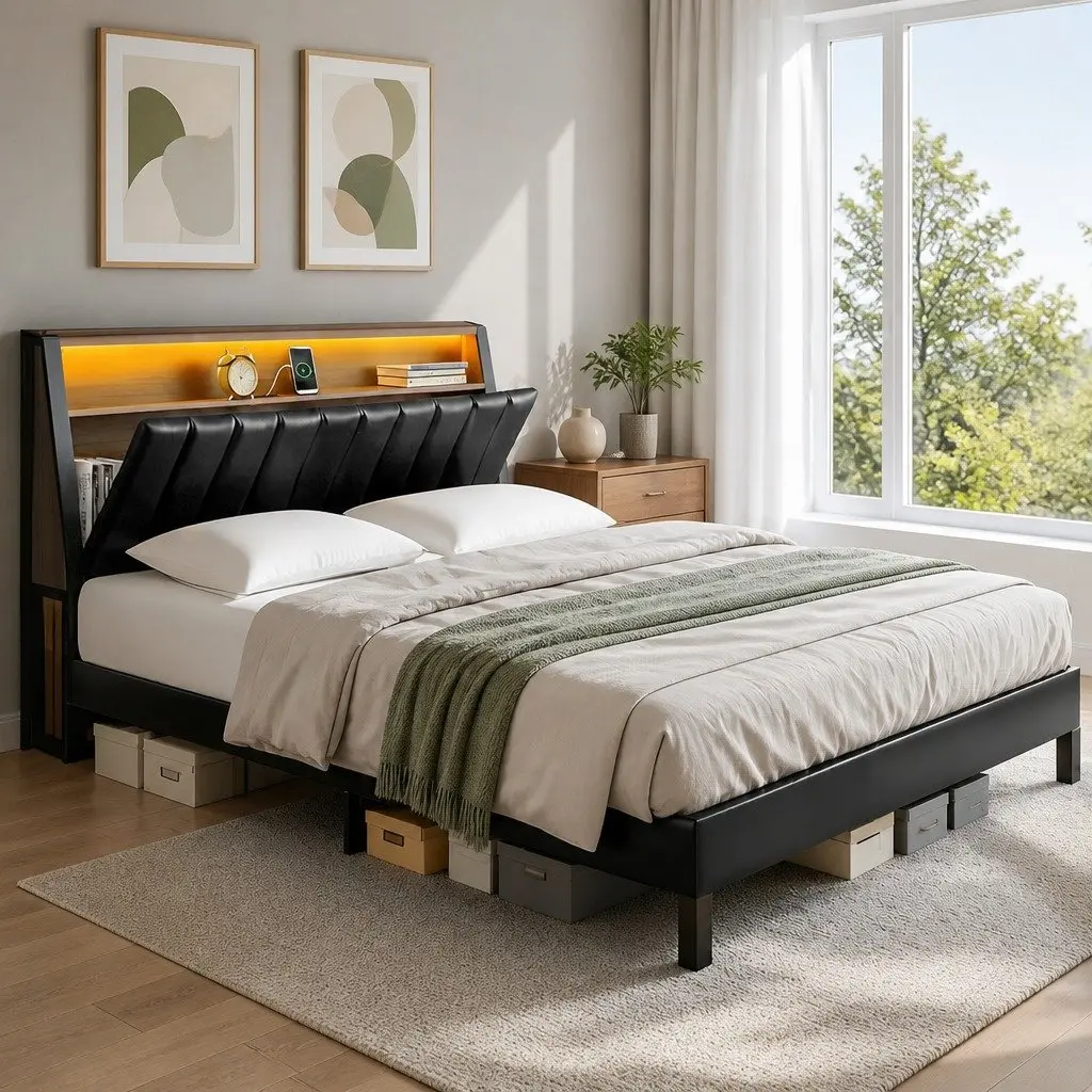 Queen Bed Frame with LED and Storage