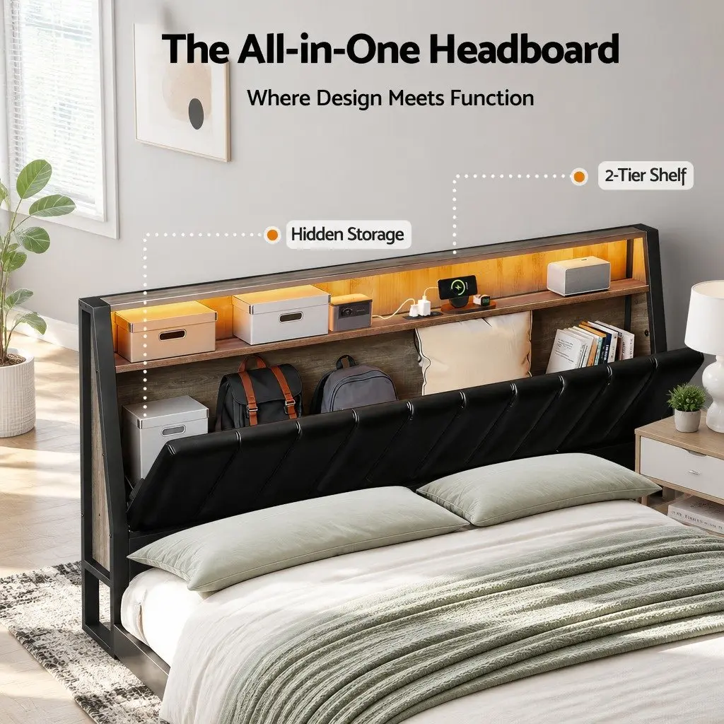 Queen Bed Frame with LED and Storage