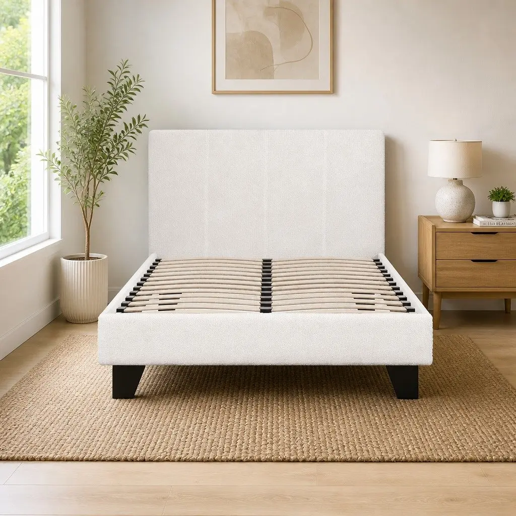 King Single Bed Frame Boucle Fabric Upholstered Headboard White Modern Bedroom 215cm x 114cm x 89cm