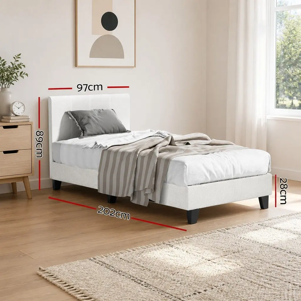 Single Bed Frame White Boucle Upholstered Bedroom 202cm x 97cm x 89cm