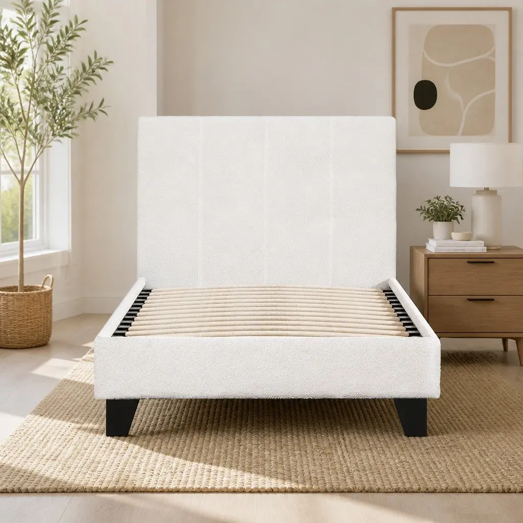 Single Bed Frame White Boucle Upholstered Bedroom 202cm x 97cm x 89cm