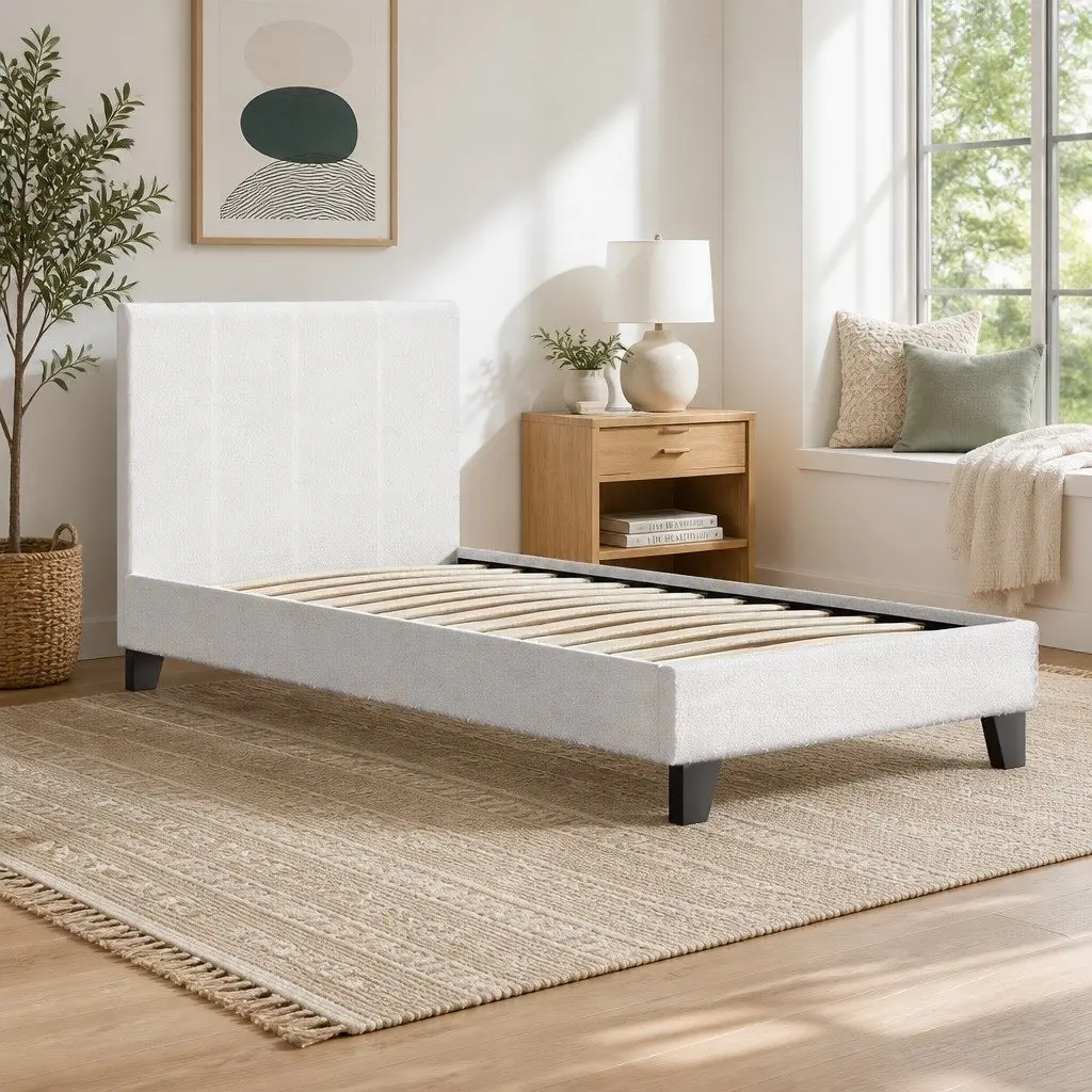 Single Bed Frame White Boucle Upholstered Bedroom 202cm x 97cm x 89cm