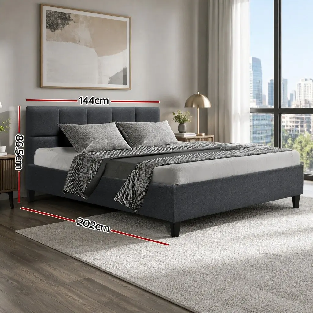 Double Bed Frame Charcoal Upholstered Bedroom Furniture with Wooden Slats