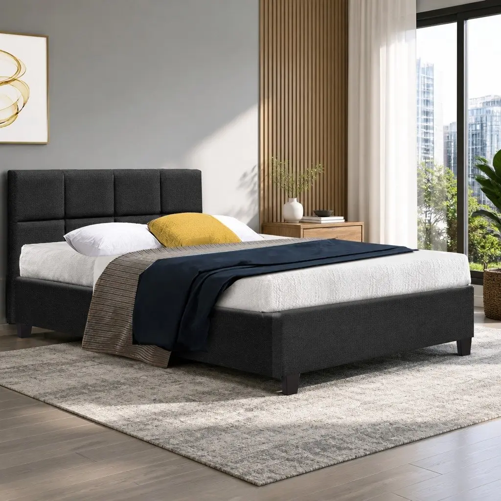 Double Bed Frame Charcoal Upholstered Bedroom Furniture with Wooden Slats