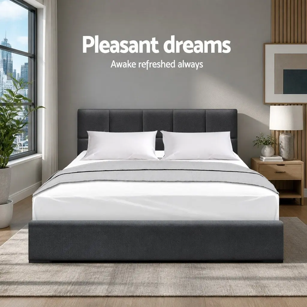 Double Bed Frame Charcoal Upholstered Bedroom Furniture with Wooden Slats