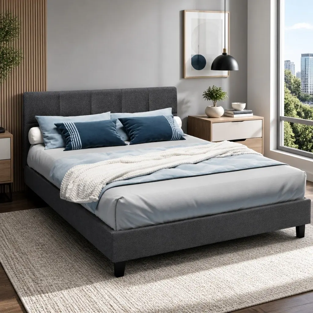Double Bed Frame Charcoal Upholstered Bedroom Furniture with Wooden Slats