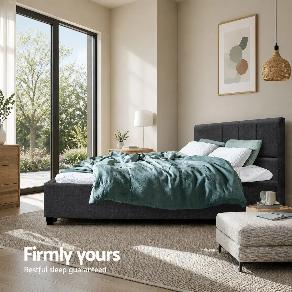 Queen Size Bed Frame Charcoal Upholstered Bedroom Furniture with Wooden Slat