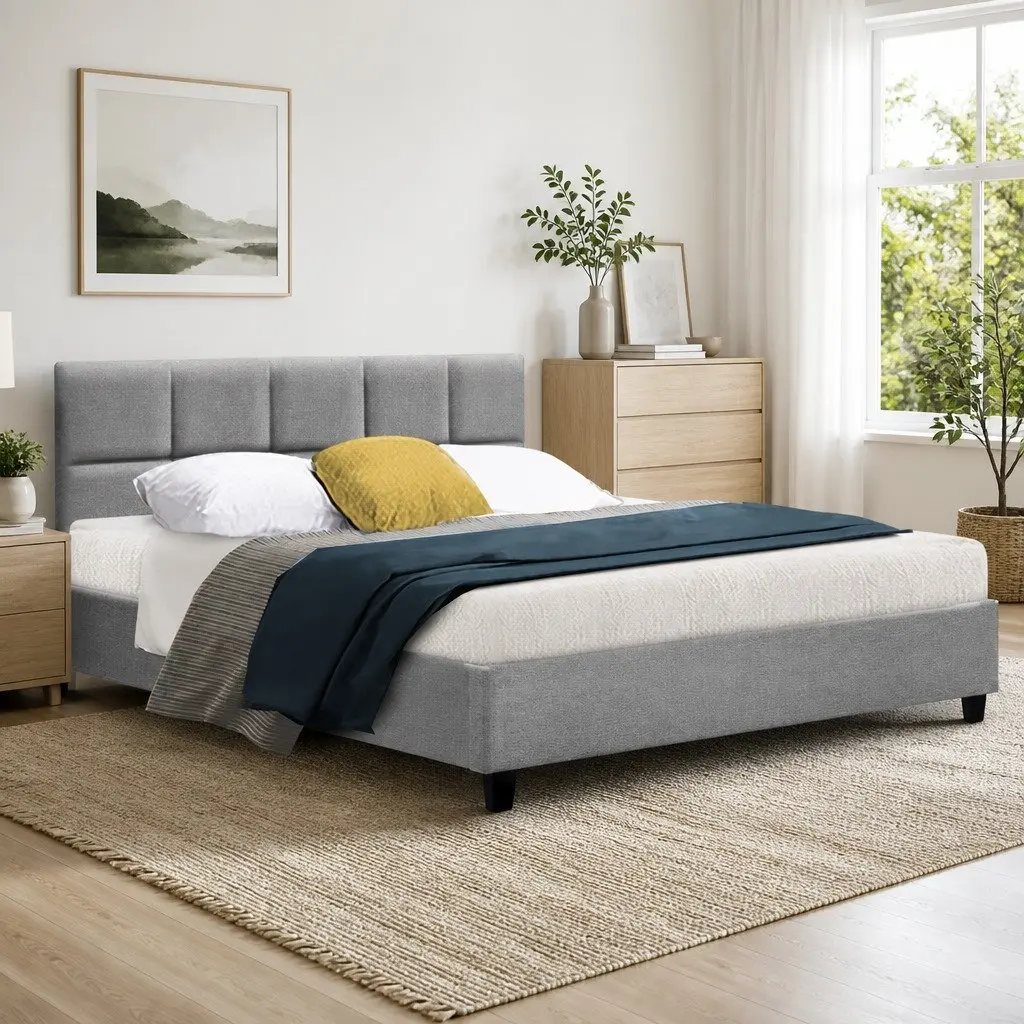 Grey Upholstered Queen Bed Frame with Solid Wood Base